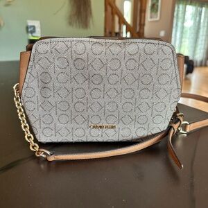 Calvin Klein Gray and Brown Crossbody Bag with Monogram Design